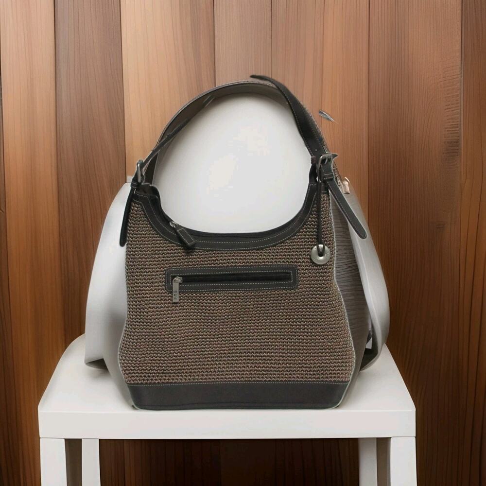 The Sak Shoulder Bag Tan Crochet With Brown Trim And Adjustable Strap SAK Fob